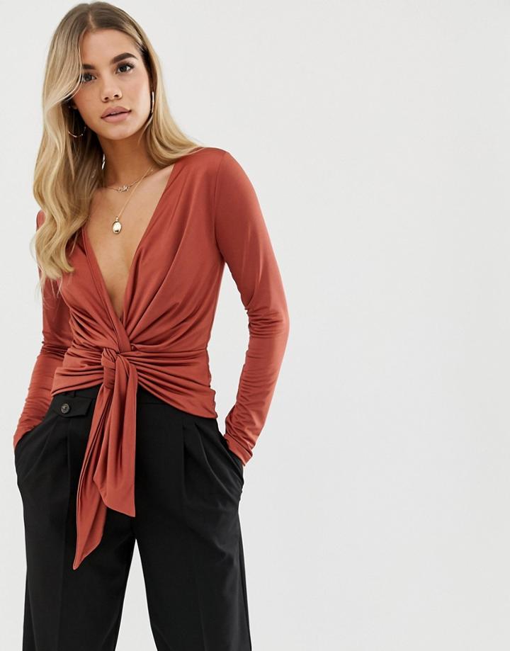 Asos Design Long Sleeve Top With Twist And Knot Front Detail-orange