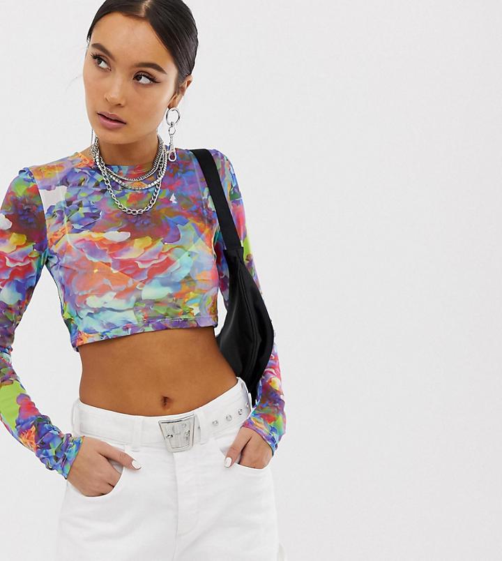 Collusion Mesh Crop Top In Floral Print - Multi