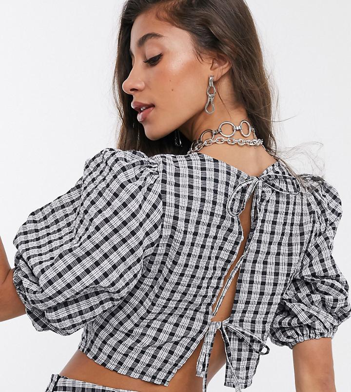 Reclaimed Vintage Inspired Puff Sleeve Top With Tie Back Detail In Textured Check-black