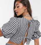 Reclaimed Vintage Inspired Puff Sleeve Top With Tie Back Detail In Textured Check-black