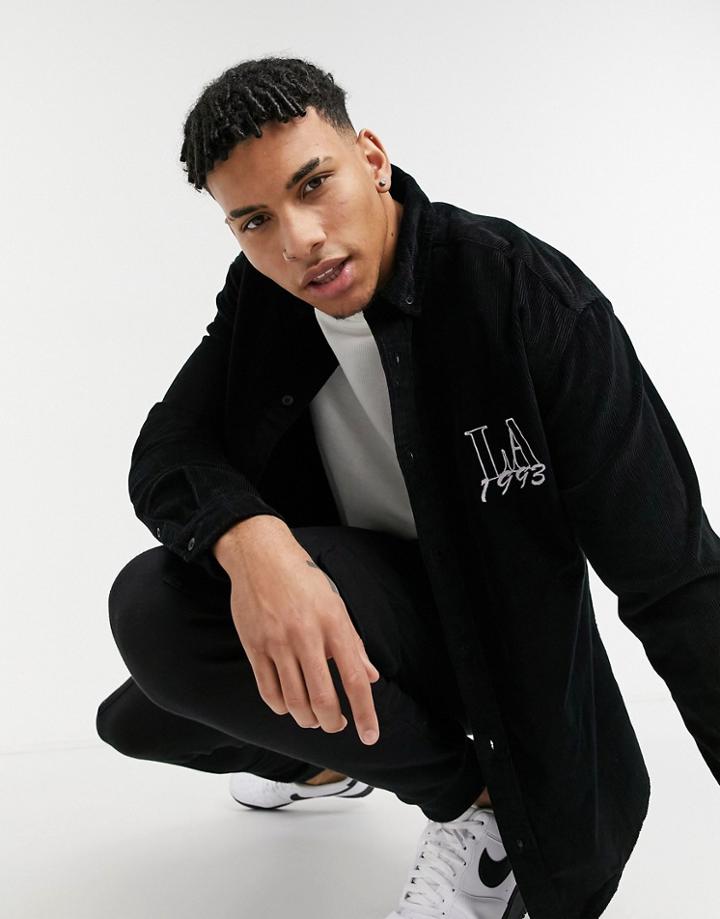 Asos Design 90s Oversized Cord Shirt In Black With La Embroidery