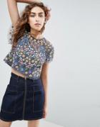 Needle And Thread Flowerbed Embroidery Top - Blue