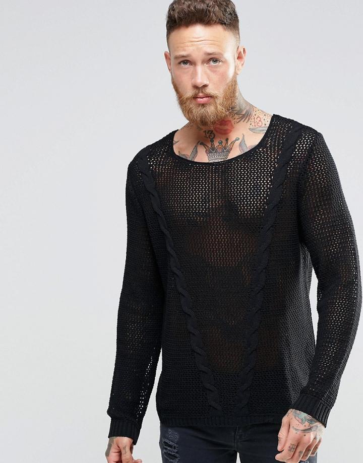 Asos Cable Sweater In Mesh - Black