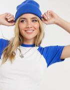 Asos Design Fitted Crop Top With Contrast Raglan Sleeves In White And Blue-multi