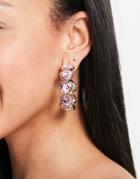 Asos Design Hoop Earrings With Pink Crystal Hearts In Gold Tone