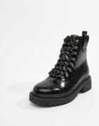 Prettylittlething Lace Up Hiker Boot In Black Patent - Black