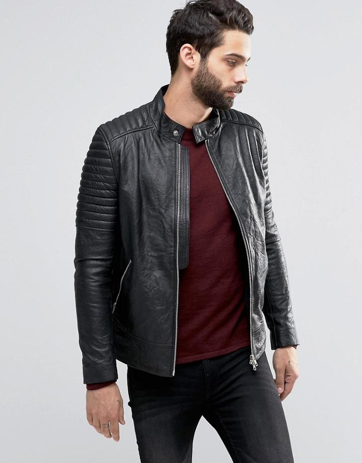 Religion Leather Jacket With Biker Sleeve Detail - Black