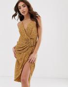 Asos Design All Over Sequin Drape Midi Dress With Horn Buckle - Brown