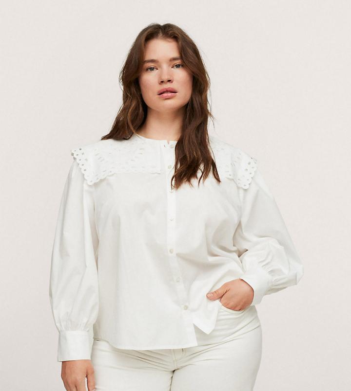 Mango Curve Blouse With Broderie Collar Detail In White