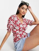 Mango Frill Detail Tie Blouse Red Floral Print