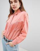 Asos Design Oversized Shirt With Fringing - Pink