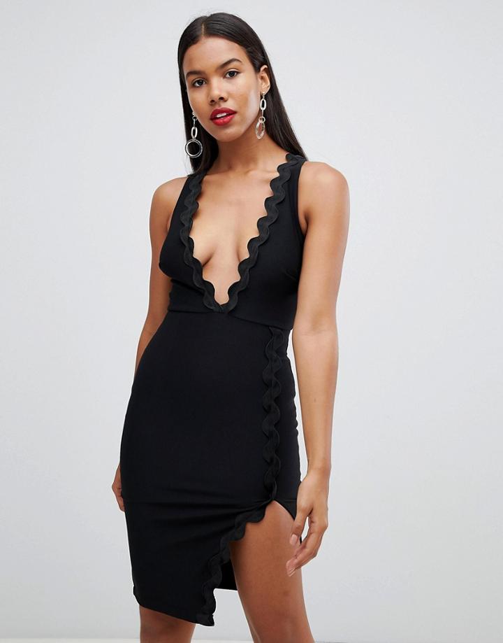 Rare London Wave Trim Plunge Midi Dress - Black