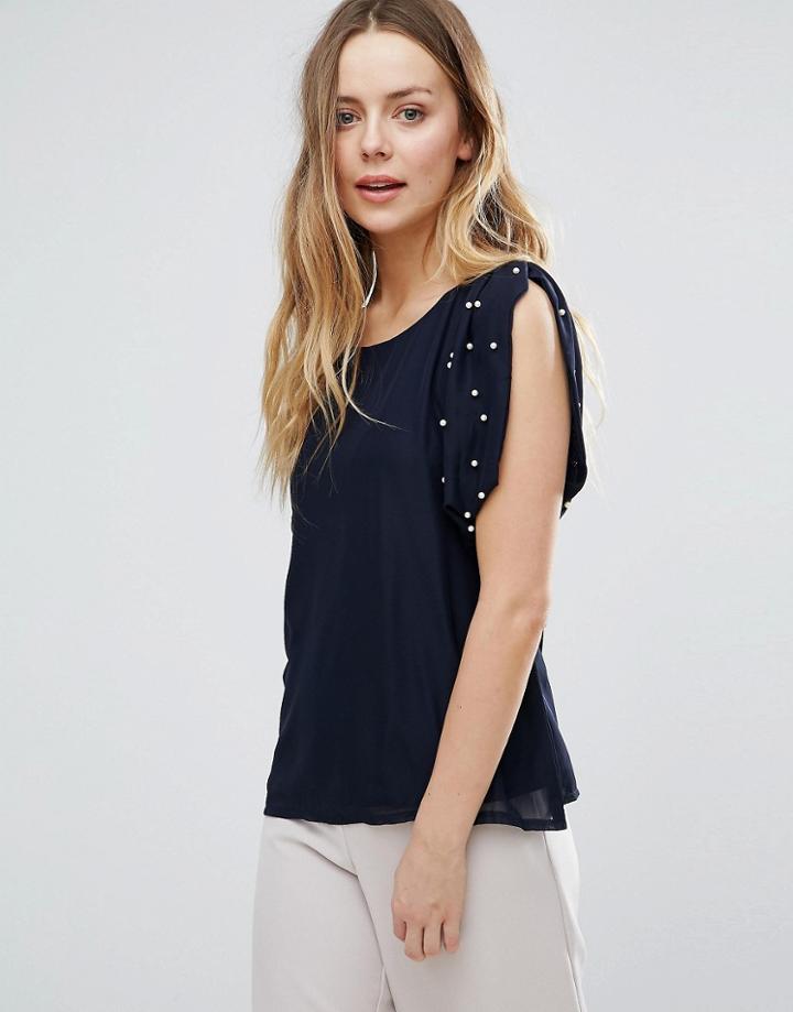 Jasmine Blouse With Pearl Embellished Shoulder - Navy