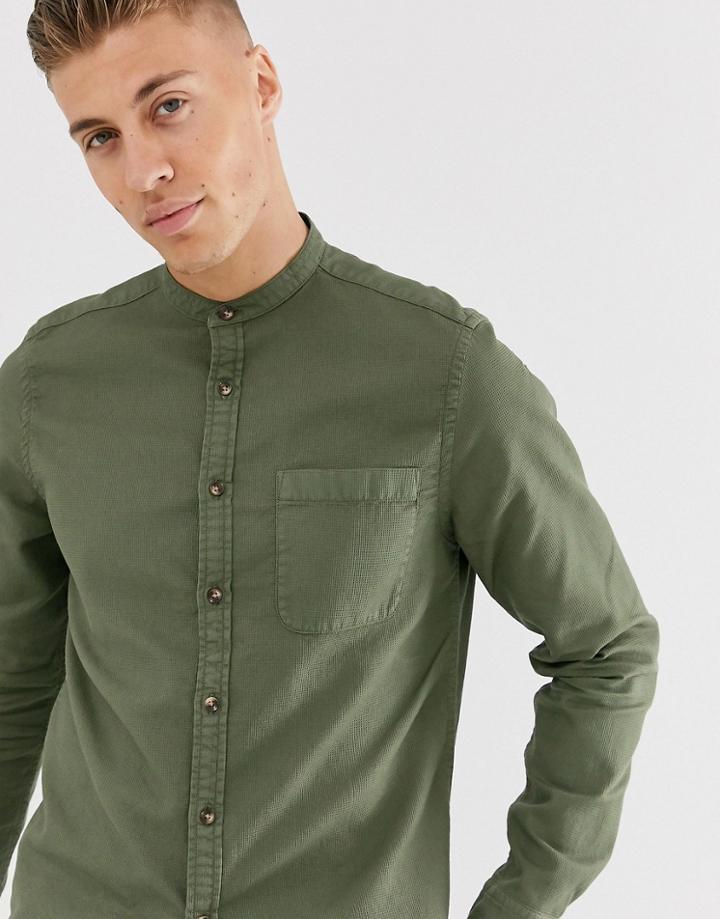 Asos Design Regular Fit Waffle Texture Grandad Collar Shirt In Khaki