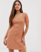 Asos Design Short Sleeve Ribbed Button Through Tea Dress-brown