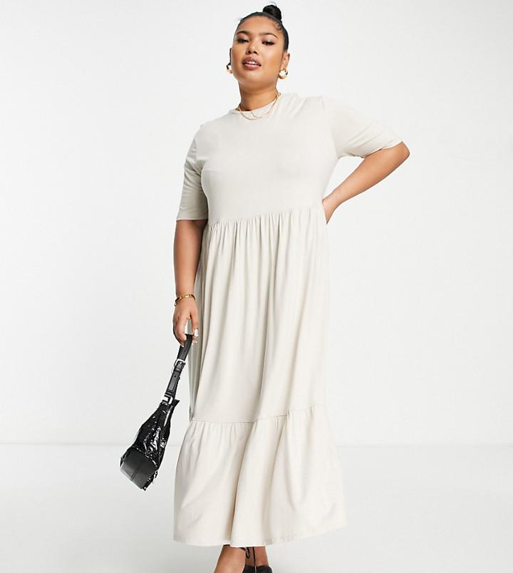 Asos Design Curve Tiered Smock T-shirt Midi Dress In Stone-neutral