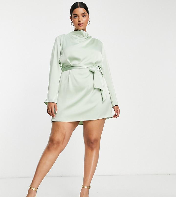 Pretty Lavish Curve Tie Waist Satin Mini Dress In Mint-green