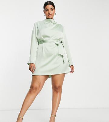 Pretty Lavish Curve Tie Waist Satin Mini Dress In Mint-green