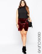 Asos Curve Velvet Skirt With Asymmetric Wrap & Buttons - Oxblood