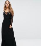 John Zack Petite Plunge Front Maxi Dress With Off Shoulder Sleeve Detail - Black