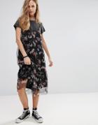 Pull & Bear Floral Print Mesh Midi Dress - Black