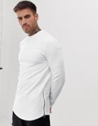 Asos Design Muscle Longline Sweatshirt With Curved Hem In White With Side Zips - White
