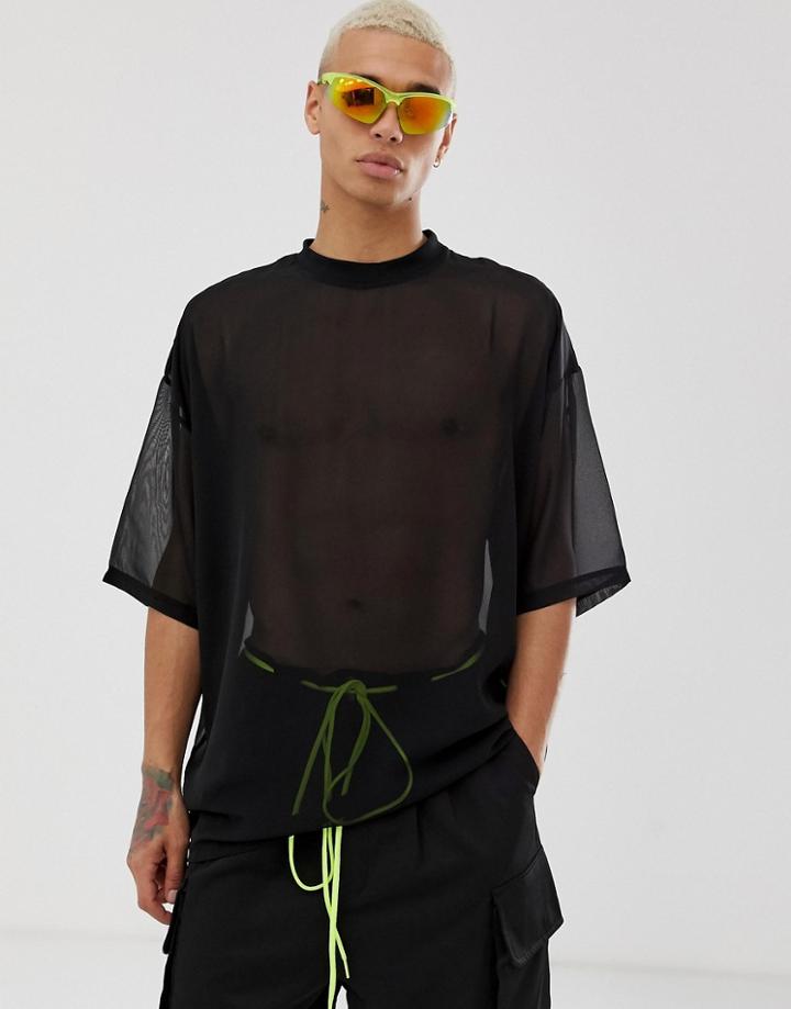 Asos Design Oversized Longline T-shirt With Half Sleeve In Woven Sheer Fabric In Black - Black