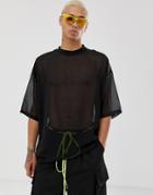 Asos Design Oversized Longline T-shirt With Half Sleeve In Woven Sheer Fabric In Black - Black