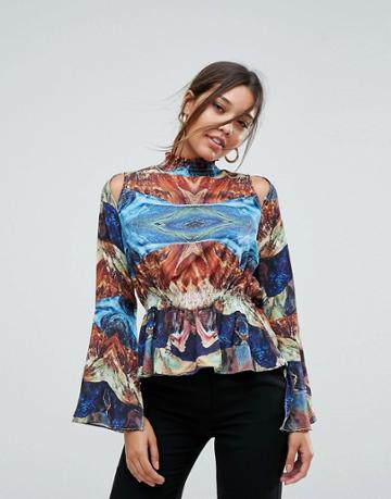 Aeryne High Neck Printed Top With Fluted Sleeve - Multi