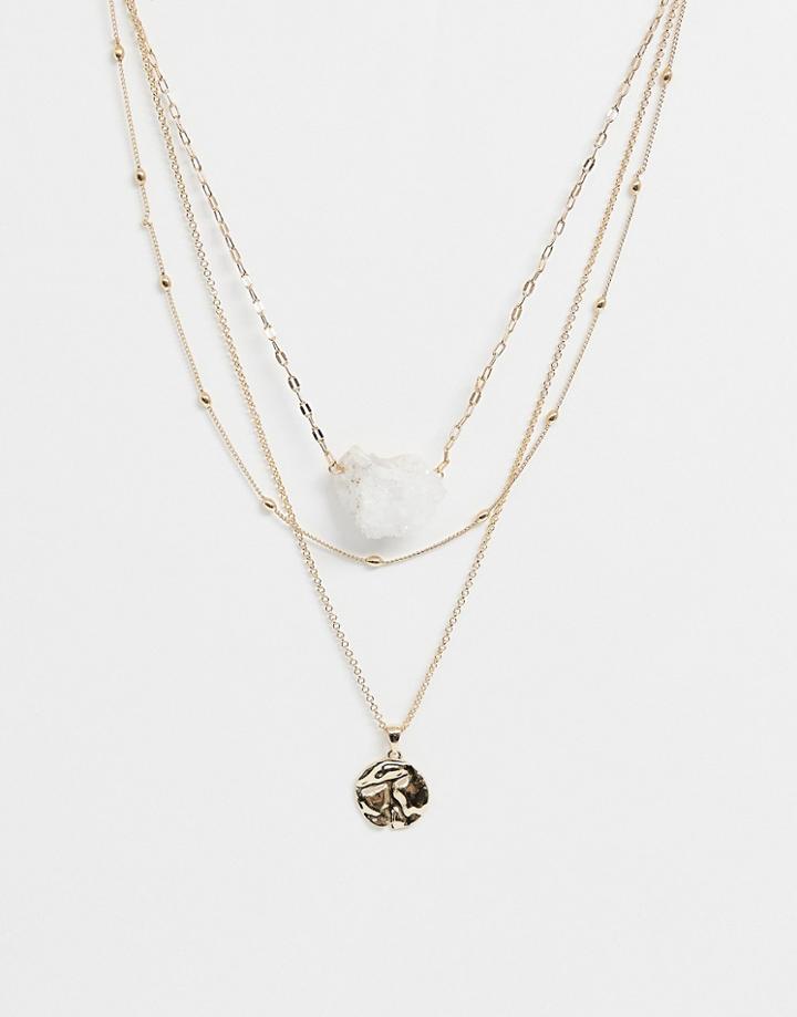Asos Design Multirow Necklace With Semi-precious Druzy And Worn Coin Pendant In Gold