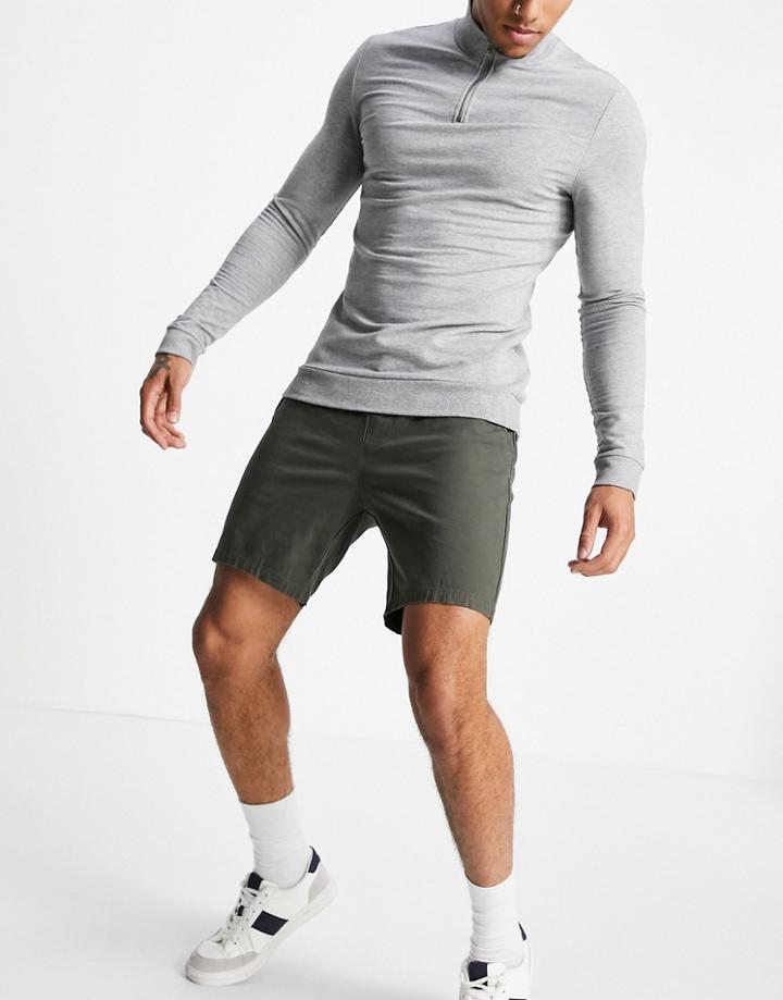 Asos Design Slim Chino Shorts With Elastic Waist In Khaki-green