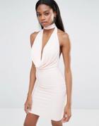 Missguided Halterneck Plunge Front Bodycon Dress - Nude