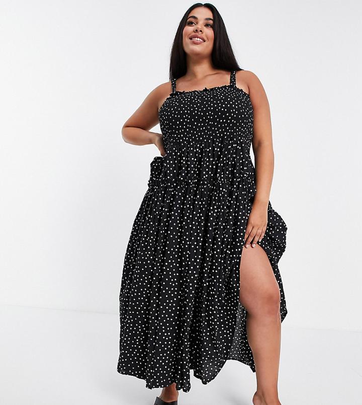 Asos Design Curve Shirred Cami Midi Sundress With Raw Edges In Mono Spot Print-multi