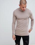 Asos Design Muscle Fit Long Sleeve T-shirt With Roll Neck In Beige - Beige