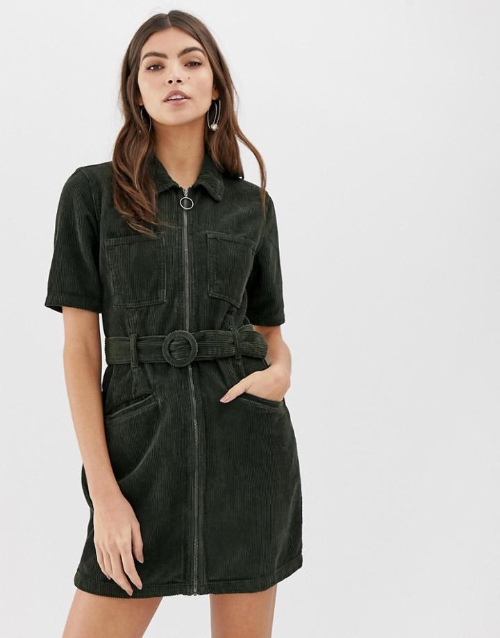 Asos Design Cord Mini Dress With Belt In Khaki - Green