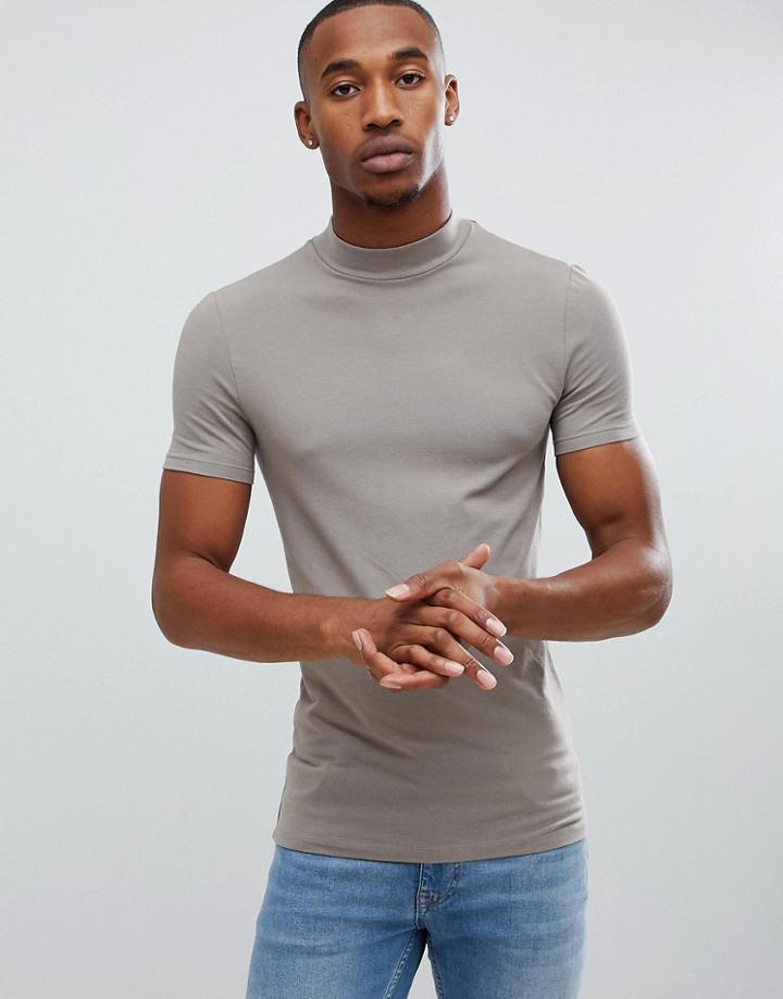 Asos Design Muscle Fit Jersey Turtleneck In Beige