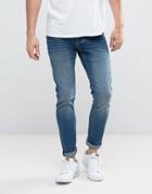 Solid Slim Fit Jeans In Mid Wash Blue With Stretch - Blue