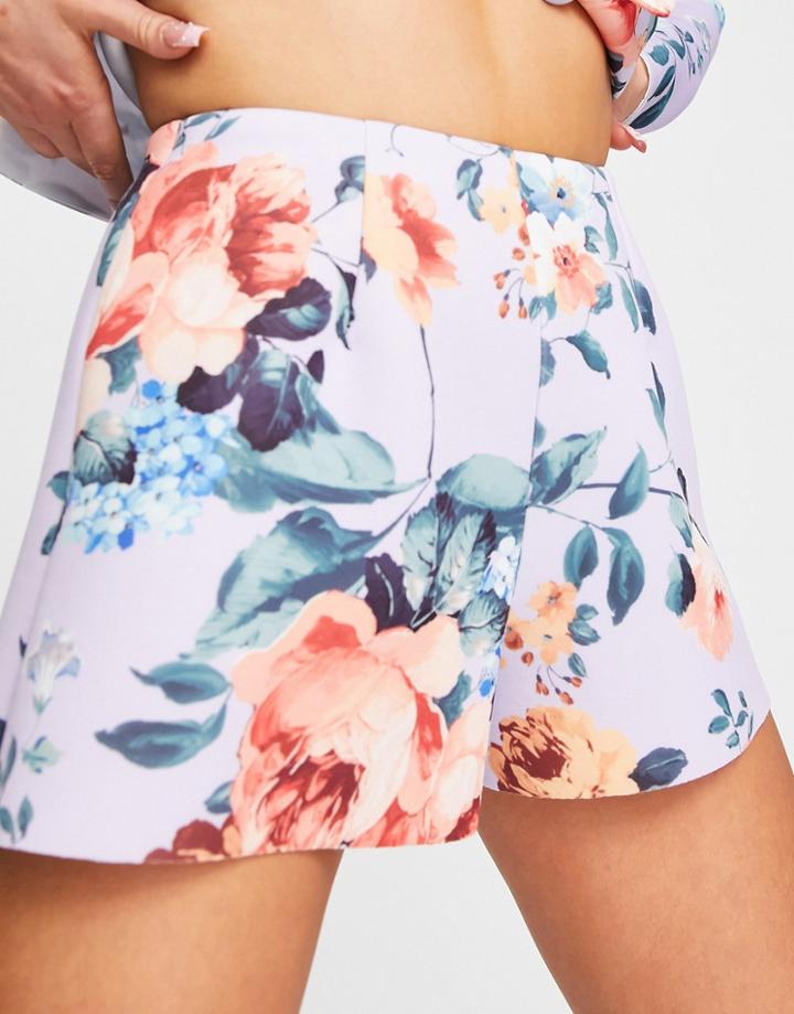 Asos Design Jersey Aline Suit Short In Floral Print-purple