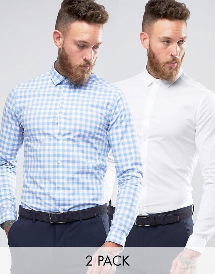 Asos Skinny Shirt In White With Blue Gingham Check Pack - Multi