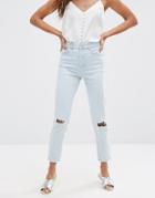 Asos Farleigh High Waist Slim Mom Jeans In Vintage Blue With Rips - Blue