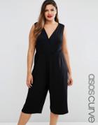 Asos Curve Sleeveless Jumpsuit With Wrap Front And Culotte Leg - Black