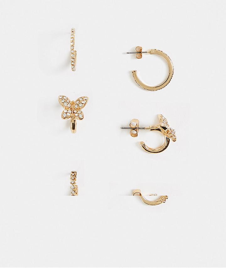Monki Zerlinda 3 Pack Rhinestone Hoop Earrings In Gold