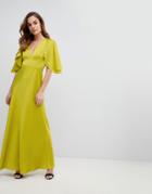 Asos Satin Back Crepe Maxi Dress With Flutter Sleeve - Green