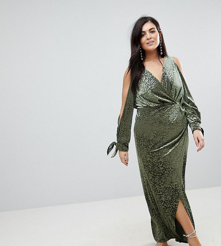 Asos Curve Cold Shoulder Velvet Animal Devore Maxi Dress-multi