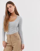 Bershka Scoop Button Front Knitted Top In Gray - Blue