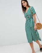 Asos Design Cotton Green Stripe Midi Dress With Buttons - Multi