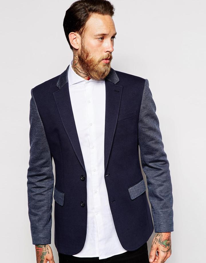 Asos Skinny Blazer In Color Block Jersey - Navy