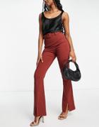 Vila High Waist Belted Stretch Pants With Slit Front In Red-brown