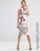 Asos Maternity Wiggle Dress In Floral Print With Ruffle - Multi
