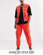 Asos Design Two-piece Skinny Utility Cargo Sweatpants In Orange Poly Tricot